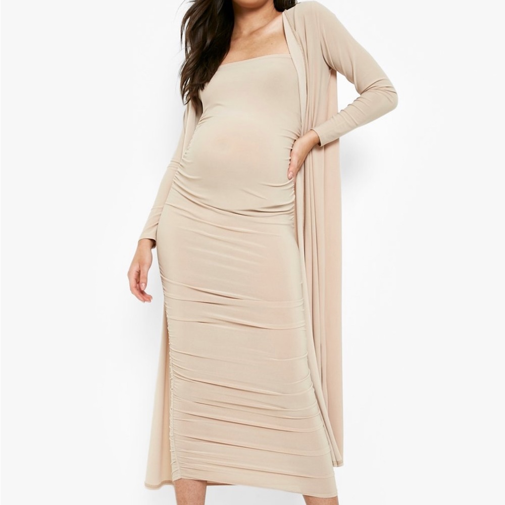 Maternity square neck ruched dress with duster